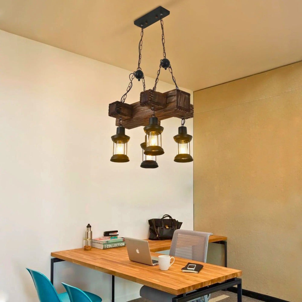 Lustre bois et noir industriel 4 lampes