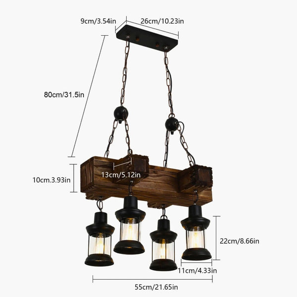 Lustre bois et noir industriel 4 lampes