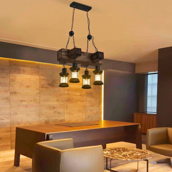 Lustre bois et noir industriel 4 lampes