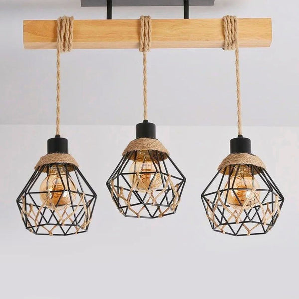 Lustre corde bois clair et métal