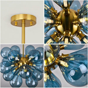 Lustre doré et verre soufflé bleu