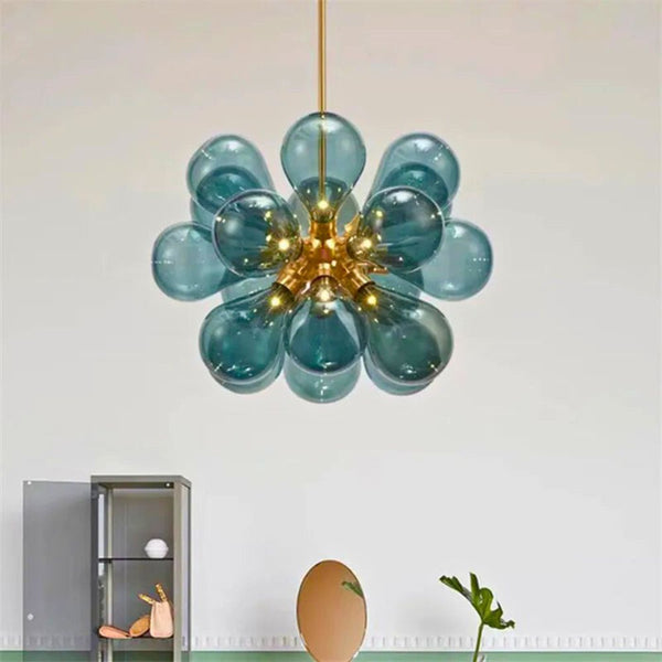 Lustre doré et verre soufflé bleu