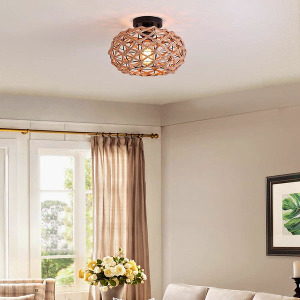 Lustre corde chanvre et métal noir accroché au plafond, design rustique